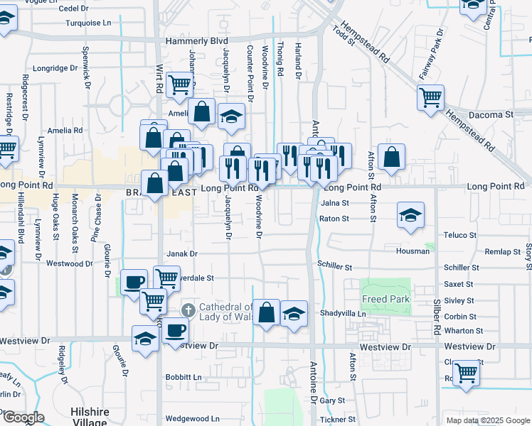 map of restaurants, bars, coffee shops, grocery stores, and more near 7507 Long Point Road in Houston
