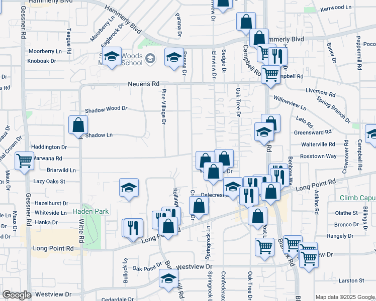 map of restaurants, bars, coffee shops, grocery stores, and more near 1636 Crestdale Drive in Houston