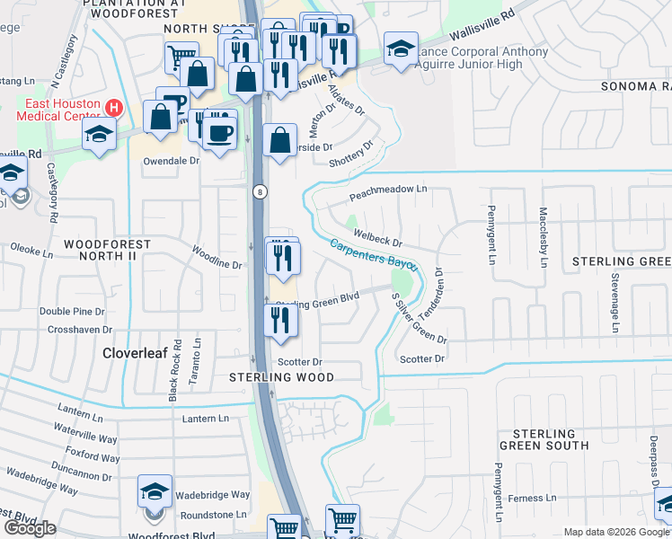 map of restaurants, bars, coffee shops, grocery stores, and more near 14819 Croxton Drive in Houston