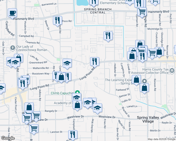 map of restaurants, bars, coffee shops, grocery stores, and more near 8941 Long Point Road in Houston