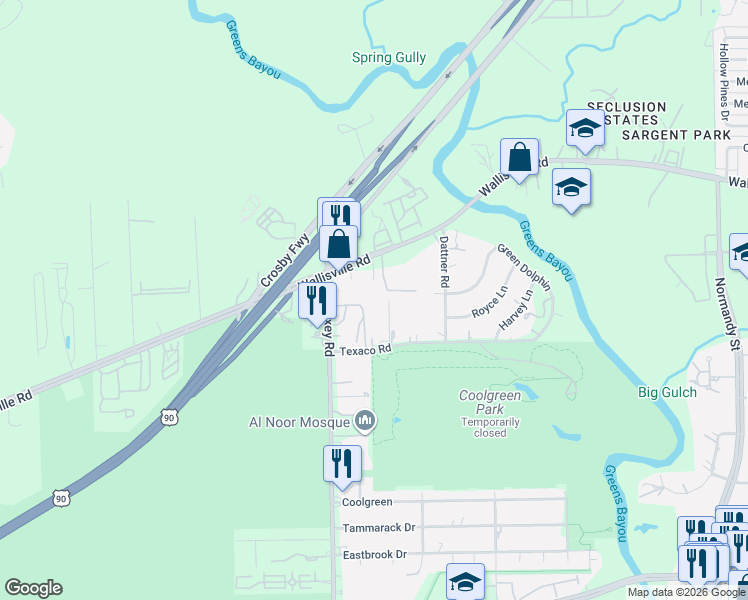 map of restaurants, bars, coffee shops, grocery stores, and more near 12521 1/2 Texaco Road in Houston