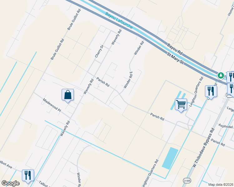 map of restaurants, bars, coffee shops, grocery stores, and more near 3101 Parish Road in Thibodaux