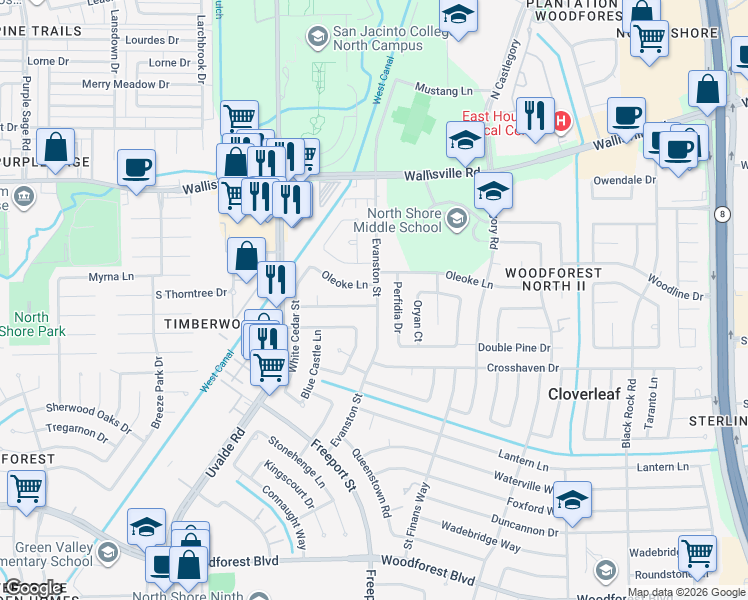 map of restaurants, bars, coffee shops, grocery stores, and more near 187 Evanston Street in Houston