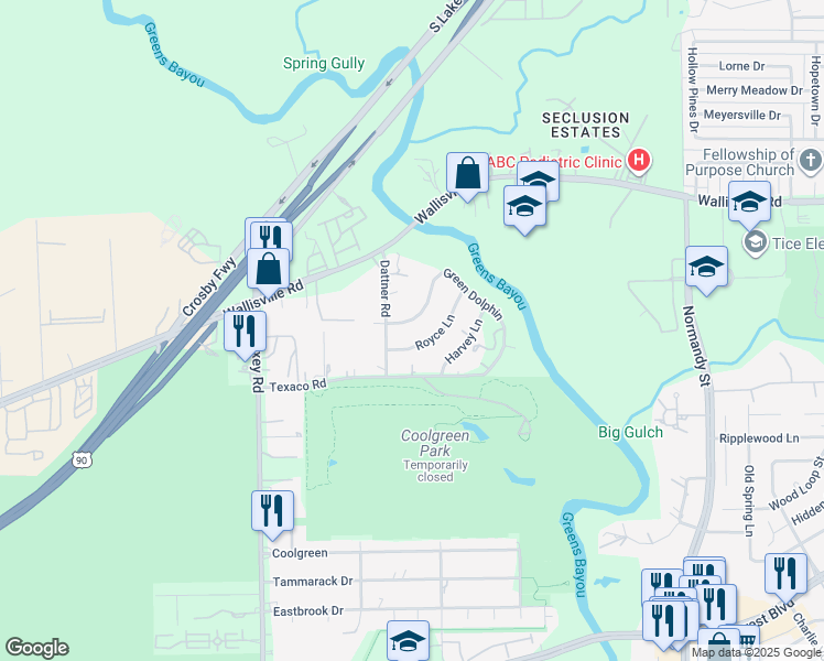 map of restaurants, bars, coffee shops, grocery stores, and more near 12822 Green Dolphin in Houston