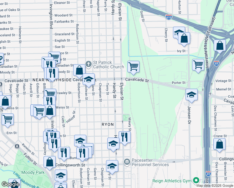 map of restaurants, bars, coffee shops, grocery stores, and more near 4602 Hardy Street in Houston