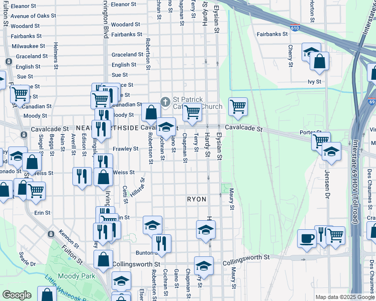 map of restaurants, bars, coffee shops, grocery stores, and more near 4605 Terry Street in Houston