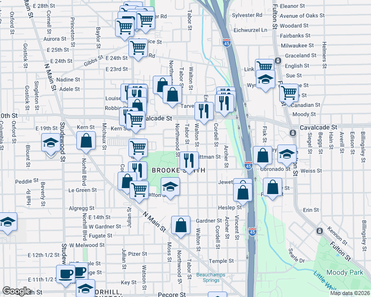 map of restaurants, bars, coffee shops, grocery stores, and more near 1201 Tabor Street in Houston