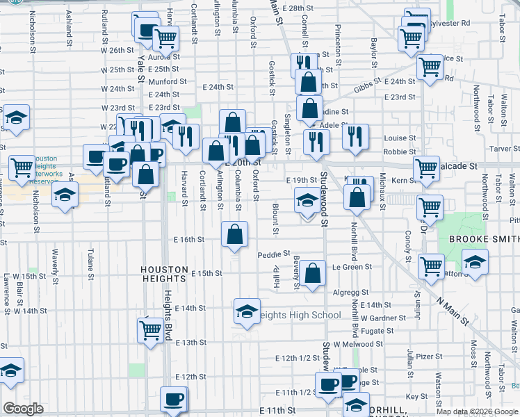 map of restaurants, bars, coffee shops, grocery stores, and more near 1721 Oxford Street in Houston