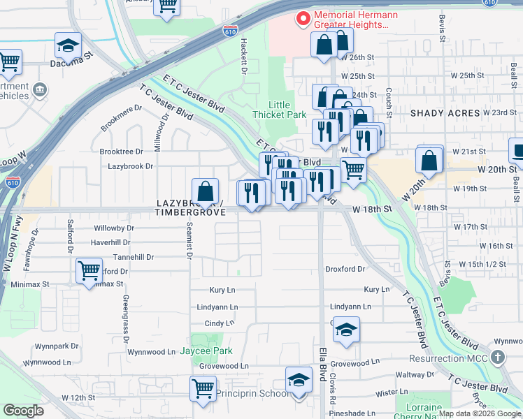 map of restaurants, bars, coffee shops, grocery stores, and more near 1967 West T C Jester Boulevard in Houston