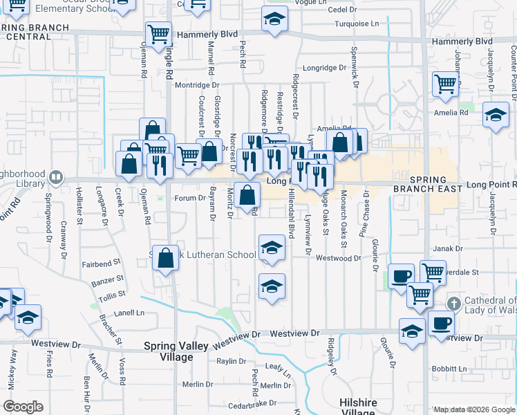 map of restaurants, bars, coffee shops, grocery stores, and more near 8403 Moritz Pass Trail in Houston