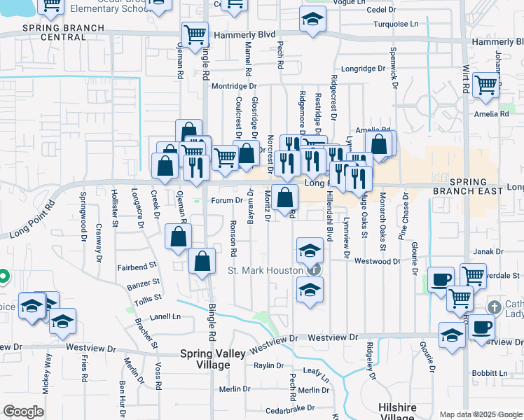 map of restaurants, bars, coffee shops, grocery stores, and more near 1751 Moritz Drive in Houston
