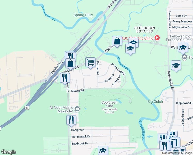 map of restaurants, bars, coffee shops, grocery stores, and more near 62 Dattner Road in Houston
