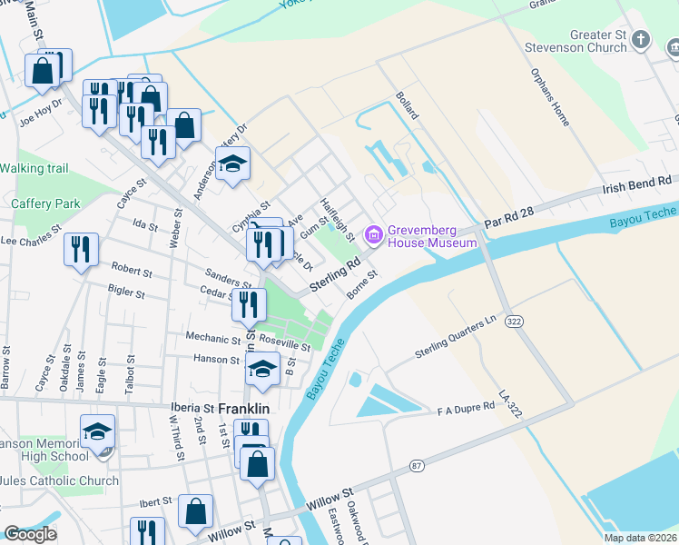 map of restaurants, bars, coffee shops, grocery stores, and more near Sterling Road in Franklin