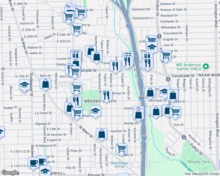 map of restaurants, bars, coffee shops, grocery stores, and more near 906 Mathis Street in Houston