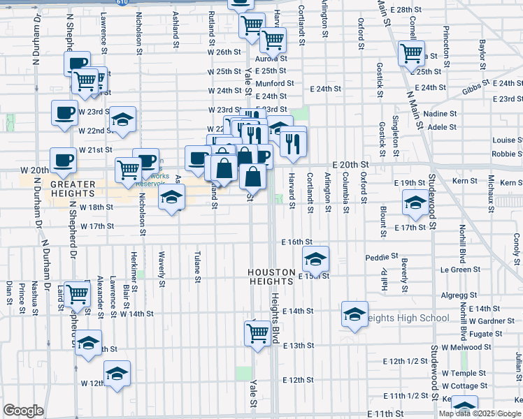 map of restaurants, bars, coffee shops, grocery stores, and more near 1703 Heights Boulevard in Houston