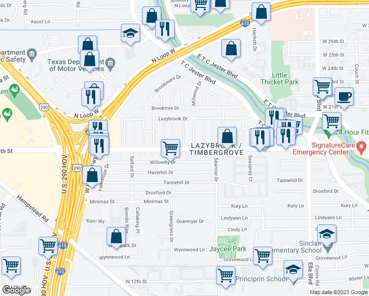 map of restaurants, bars, coffee shops, grocery stores, and more near 2345 West 18th Street in Houston