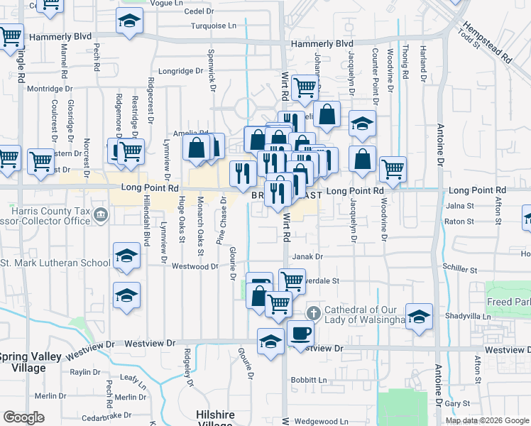 map of restaurants, bars, coffee shops, grocery stores, and more near 1726 French Village Drive in Houston