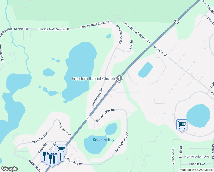 map of restaurants, bars, coffee shops, grocery stores, and more near 6526 Immokalee Road in Keystone Heights