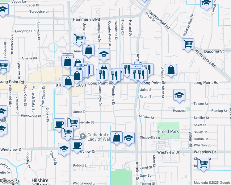 map of restaurants, bars, coffee shops, grocery stores, and more near 1742 Woodvine Drive in Houston