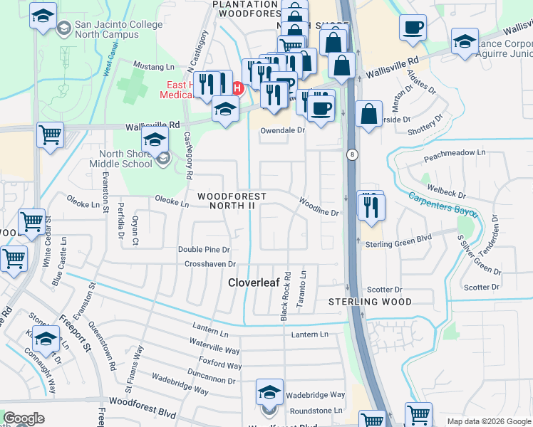 map of restaurants, bars, coffee shops, grocery stores, and more near 146 Moonridge Drive in Houston