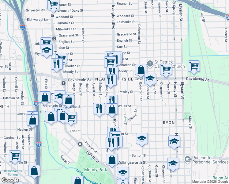 map of restaurants, bars, coffee shops, grocery stores, and more near 4602 Irvington Boulevard in Houston