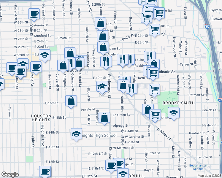map of restaurants, bars, coffee shops, grocery stores, and more near 1139 Jerome Street in Houston