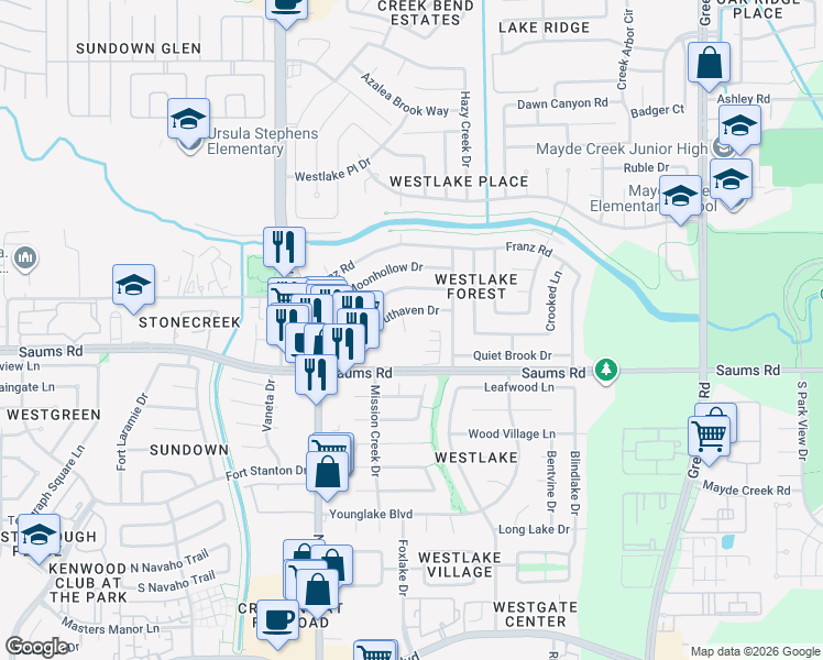 map of restaurants, bars, coffee shops, grocery stores, and more near 19623 Southaven Drive in Houston