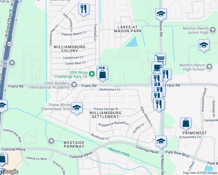 map of restaurants, bars, coffee shops, grocery stores, and more near 22338 Wetherburn Lane in Katy