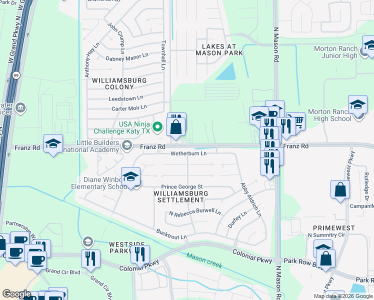 map of restaurants, bars, coffee shops, grocery stores, and more near 22338 Wetherburn Lane in Katy