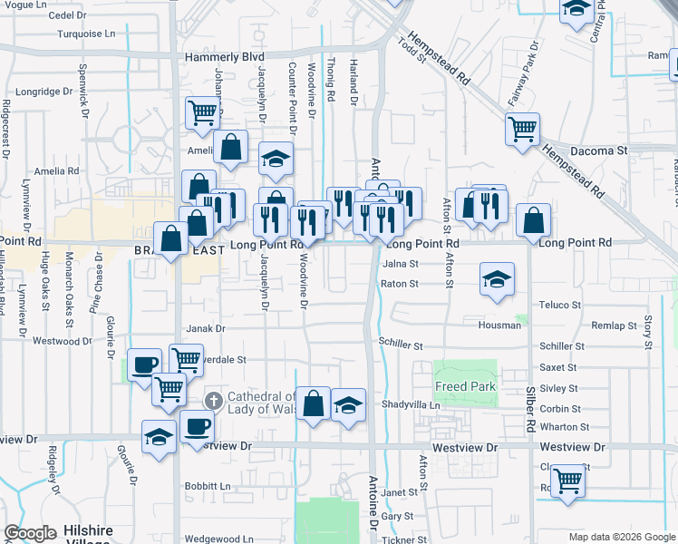 map of restaurants, bars, coffee shops, grocery stores, and more near 7429 Long Point Road in Houston