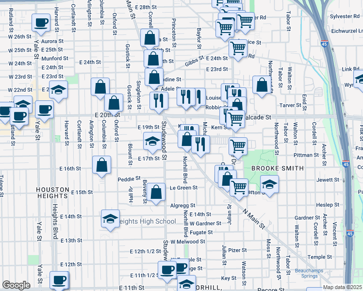 map of restaurants, bars, coffee shops, grocery stores, and more near 5207 North Main Street in Houston