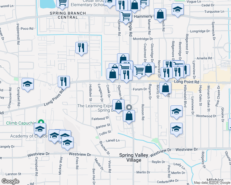 map of restaurants, bars, coffee shops, grocery stores, and more near 1722 Creek Drive in Houston