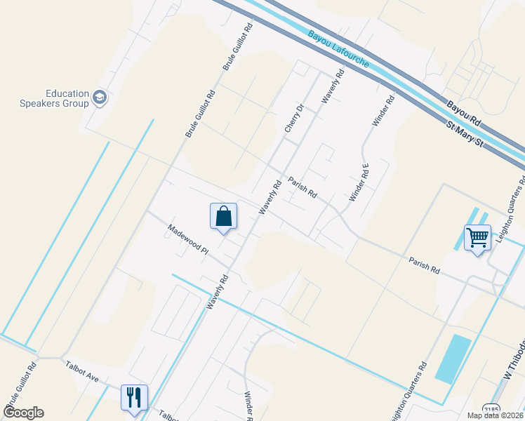 map of restaurants, bars, coffee shops, grocery stores, and more near 348 Waverly Rd in Thibodaux