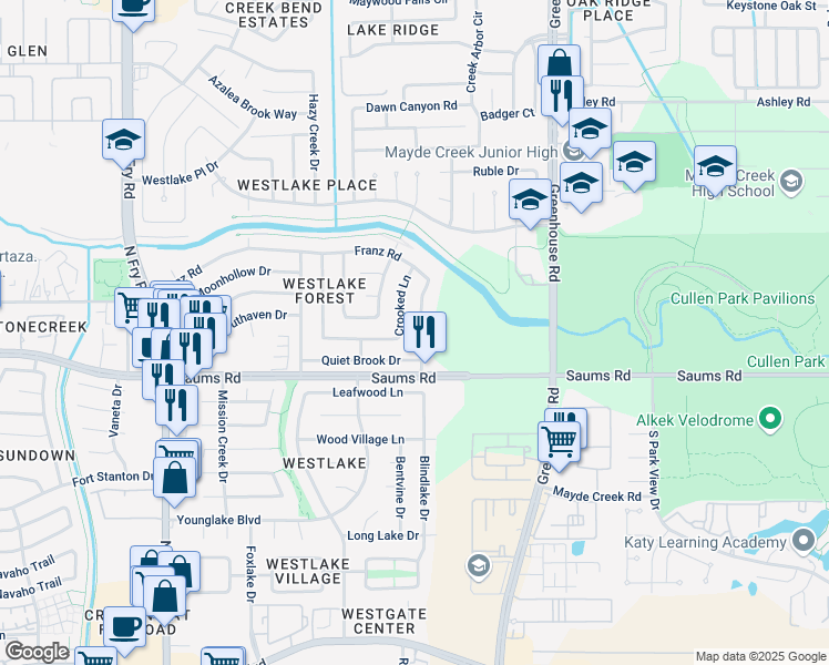 map of restaurants, bars, coffee shops, grocery stores, and more near 2338 Shady Brook Drive in Houston