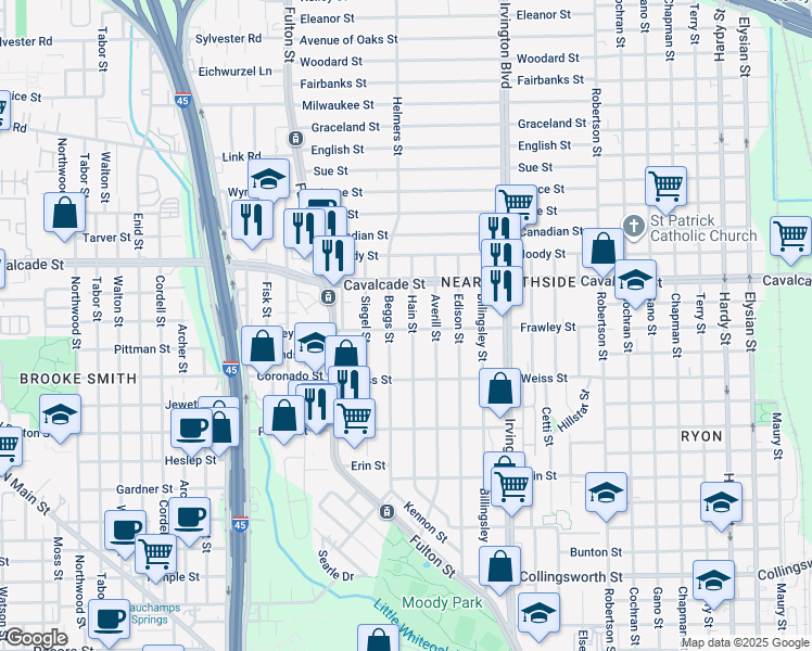 map of restaurants, bars, coffee shops, grocery stores, and more near 4604 Beggs Street in Houston