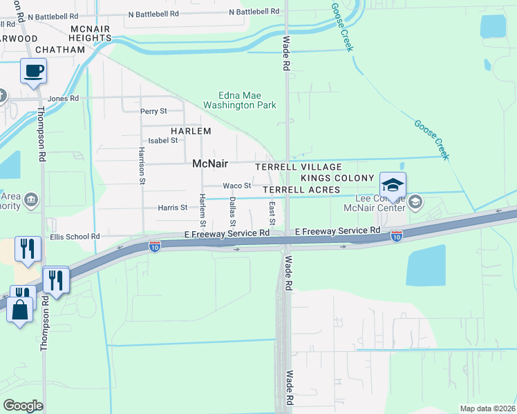 map of restaurants, bars, coffee shops, grocery stores, and more near 7206 Dallas Street in Baytown