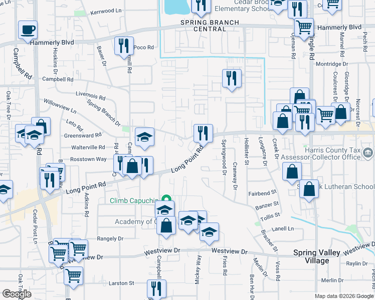 map of restaurants, bars, coffee shops, grocery stores, and more near 8941 Long Point Road in Houston