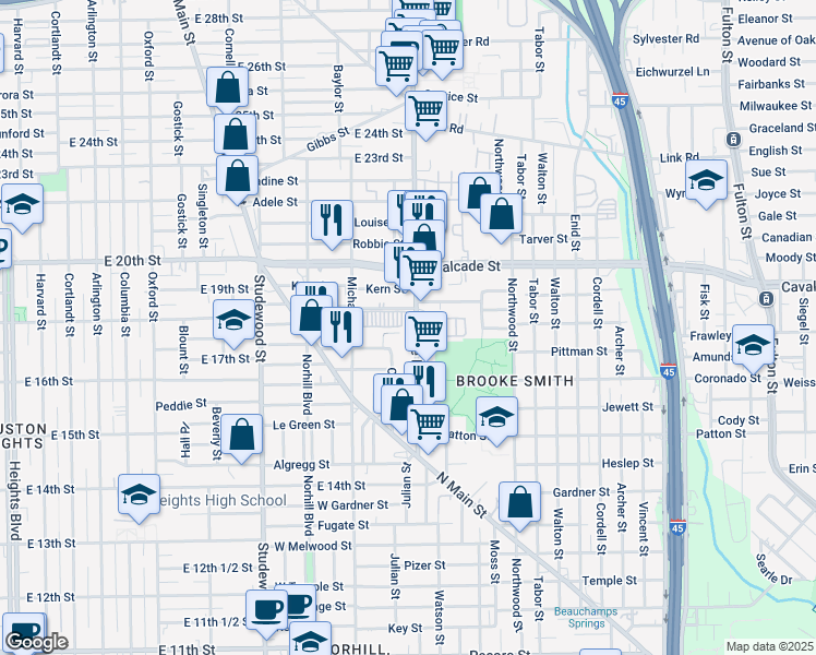 map of restaurants, bars, coffee shops, grocery stores, and more near 1713 Airline Drive in Houston