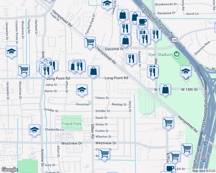map of restaurants, bars, coffee shops, grocery stores, and more near 1704 Lindsey Ridge Drive in Houston