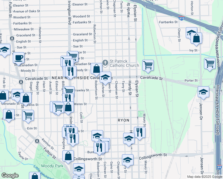 map of restaurants, bars, coffee shops, grocery stores, and more near 4604 Gano Street in Houston