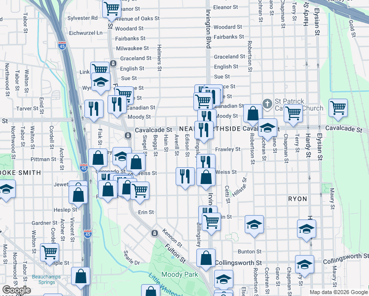 map of restaurants, bars, coffee shops, grocery stores, and more near 4607 Billingsley Street in Houston
