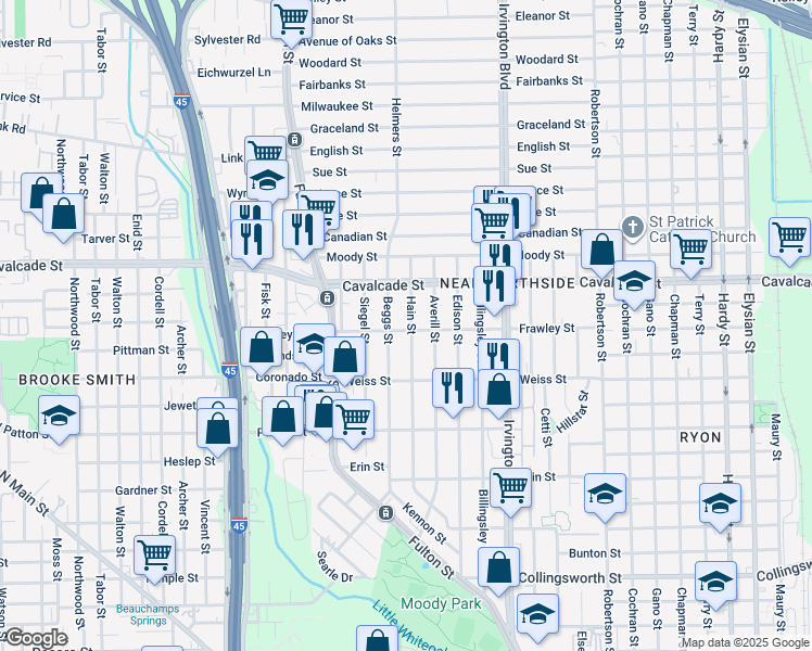 map of restaurants, bars, coffee shops, grocery stores, and more near 4604 Beggs Street in Houston