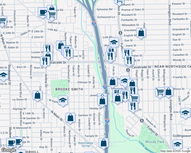 map of restaurants, bars, coffee shops, grocery stores, and more near 611 Mathis Street in Houston