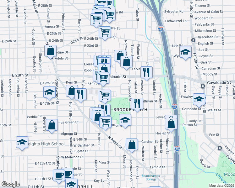 map of restaurants, bars, coffee shops, grocery stores, and more near 1723 Redwing Haven Drive in Houston