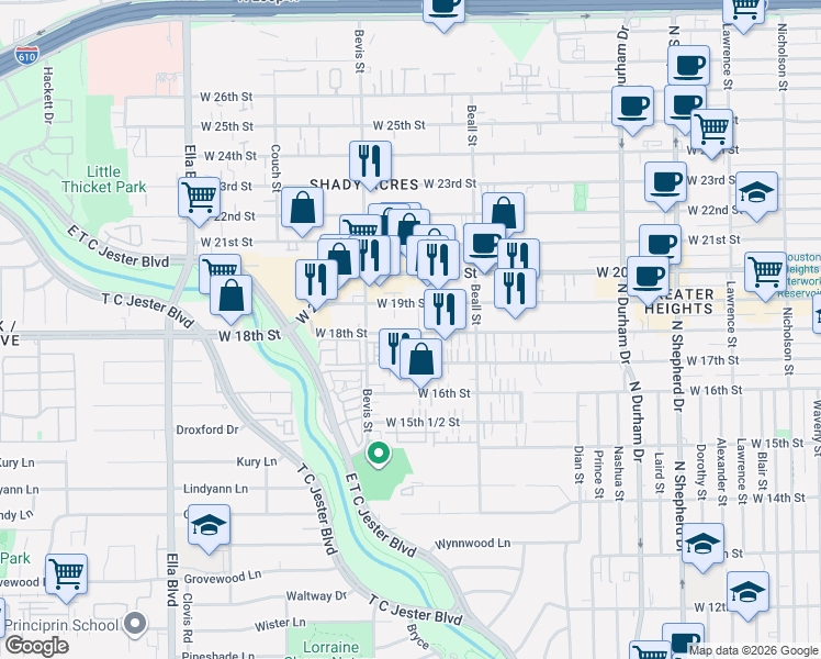 map of restaurants, bars, coffee shops, grocery stores, and more near 1220 West 19th Street in Houston