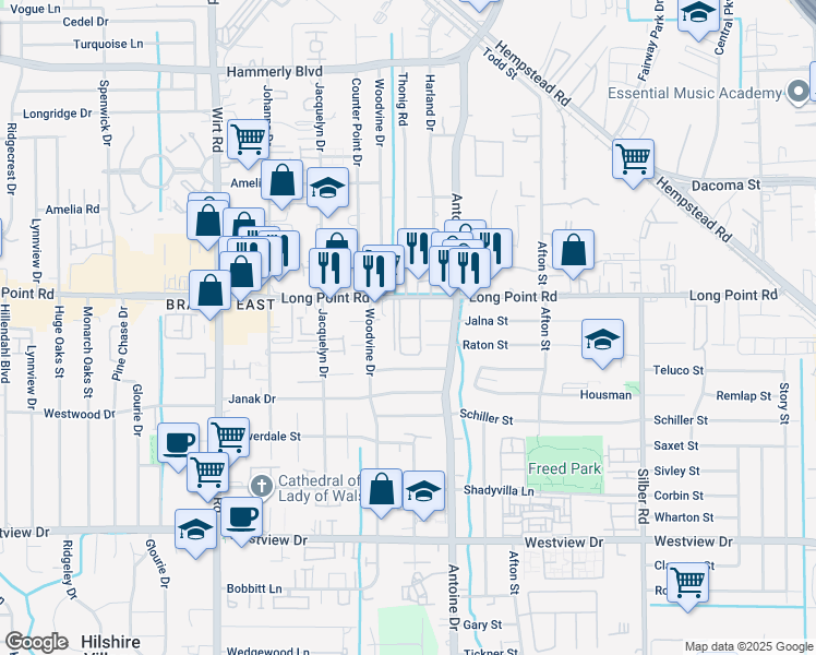 map of restaurants, bars, coffee shops, grocery stores, and more near 7507 Long Point Road in Houston