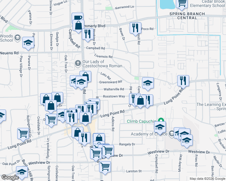 map of restaurants, bars, coffee shops, grocery stores, and more near 9329 Walterville Road in Houston