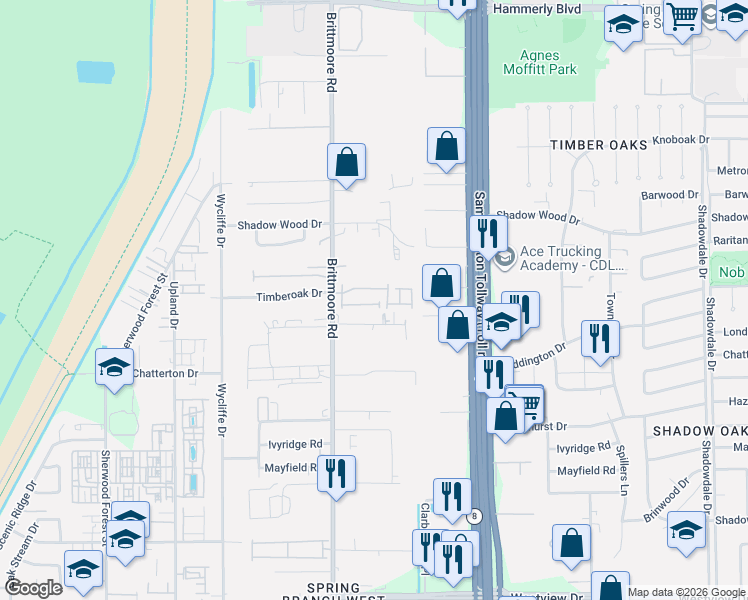 map of restaurants, bars, coffee shops, grocery stores, and more near 1950 Brittmoore Road in Houston