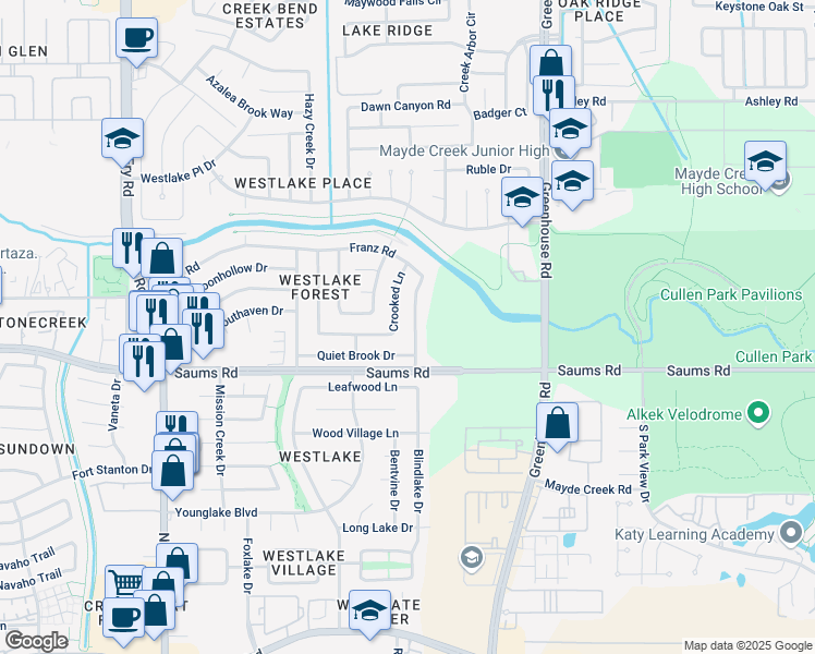 map of restaurants, bars, coffee shops, grocery stores, and more near 2338 Shady Brook Drive in Houston