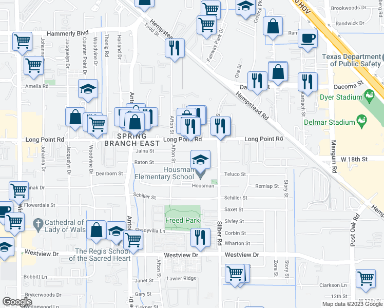 map of restaurants, bars, coffee shops, grocery stores, and more near 6915 Jalna Street in Houston